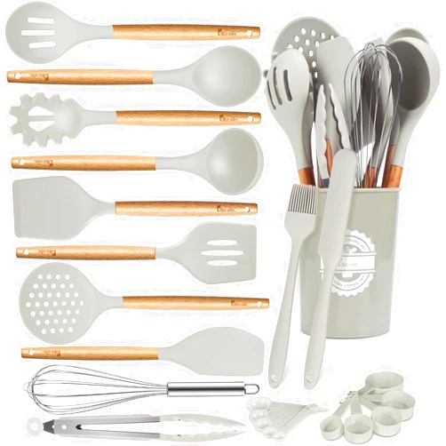 Kikcoin 23 PCS Kitchen Utensils Set, Kikcoin Wood Handle Silicone Cooking Utensils Set with Holder, Spatulas Silicone Heat Resistant Cooking Gadgets for Nonstick Cookware, Khaki