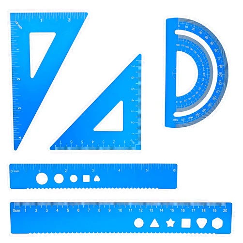 Zotemo 5 Pcs Metal Geometry Set, Math Drafting Ruler Kit- Aluminum Triangle Rulers, Protractor, 8 Inch and 6 Inch Drawing Ruler, Measuring Tool for School and Office Supplies (Blue)