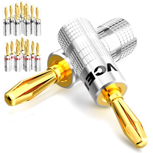VCELINK Banana Plugs for Speaker Wire 12 Pairs/24 Pcs, 24K Gold Plated Dual-Screw Type Speaker Connector for Home Theater, Wall Plate, Audio/Video Receiver and Sound Systems (Red+Black)