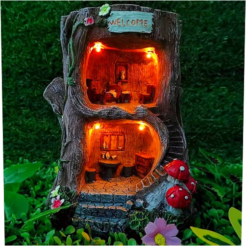 MARYTUMM Solar Light Fairy Tree House - Fun Natural Figurine Sculpture with Solar LED Lights for Indoor Outdoor Art Decorations, Patio Yard Lawn Ornaments Gift