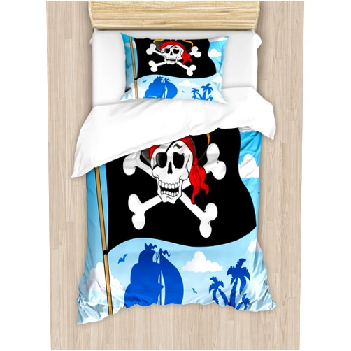 Ambesonne Pirate Duvet Cover Set, Danger Sign Beware of Pirates Skull with Hat Flag Deserted Island in The Back, Decorative 2 Piece Bedding Set with 1 Pillow Sham, Twin Size, Black White