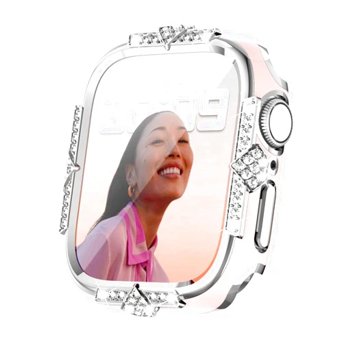 Deeplus Compatible with 45mm Apple Watch Case Series 8/7 Rhinestones with Built-in Glass Screen Protector 40/44/ 41/ 45mm Bumper Diamond iWatch Protective Cover for Women Girl, Pink-Silver