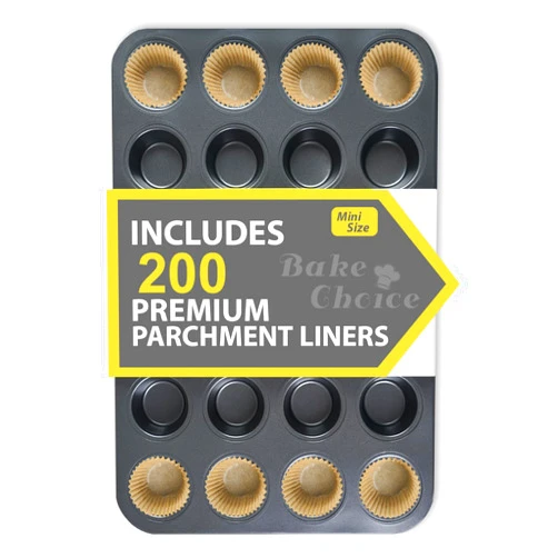 Bake Choice Mini Muffin Pan includes 200 Natural Mini Cupcake Liners, Mini Cupcake Pans Nonstick 24 Cup, Mini Muffin Tin, Carbon Steel Baking Supplies