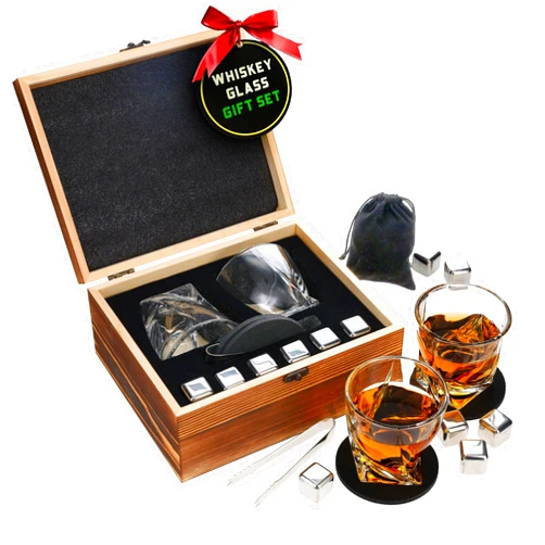 Sodilly Whiskey Set Gifts for Men - Whiskey Glasses Set of 2 - Stainless Steel Whiskey Stones Set - Coasters & Tongs - Scotch & Bourbon Whiskey Gifts for Men, Dad - Christmas, Father's Day Whiskey Lovers Gift