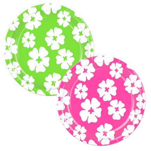 Beistle Hibiscus Plates, 7-Inch, Cerise/Light Green/White