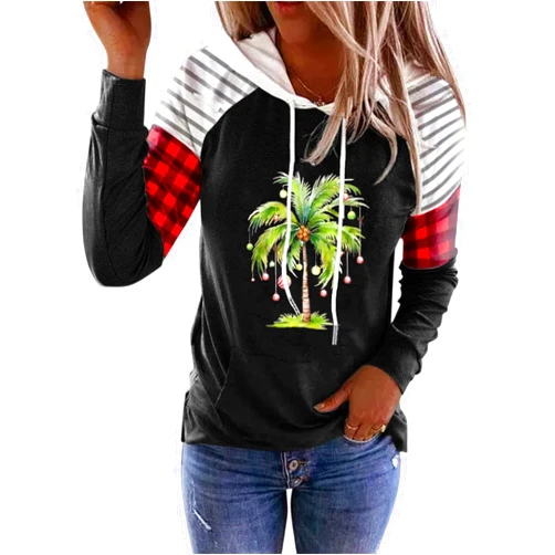 MHTOR Merry Christmas Buffalo Plaid Tree Striped Hoodie Women Christmas Tree Graphic Printed Sweatshirt Xmas Pullover Shirts