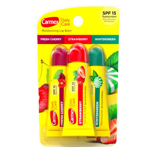 Carmex Daily Care Moisturizing Lip Balm Pack, Lip Balm With Sunscreen in Fresh Cherry, Strawberry and Wintergreen -0.35 Ounce (Pack of 3)