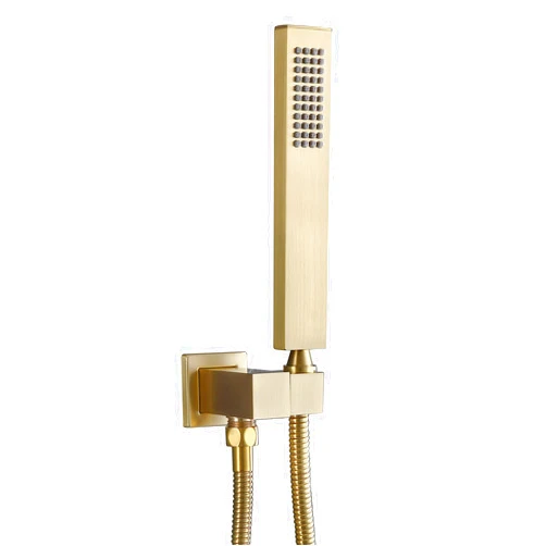 ENGA Square Brushed Gold Solid Brass Hand Held Shower Head With Wall Connector and Hose Wall Mount Handheld Showerheads Set