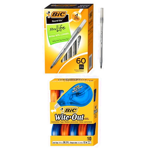 BIC Round Stic Xtra Life Ballpoint Pen, Medium Point (1.0mm), Black, 60-Count and EZ Correct Correction Tape, White, 10-Count