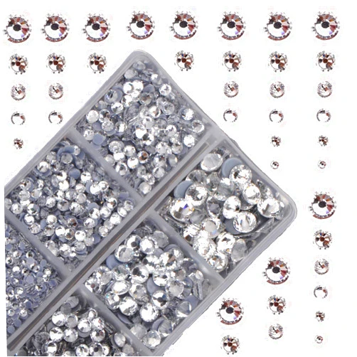 MASSIVE BEADS 10000Pcs 2-Boxes Mixed Size Hot Fix Round Crystals Gems Glass Stones Hotfix Flat Back Rhinestones with tweezers and picking pencil (Clear Crystal)