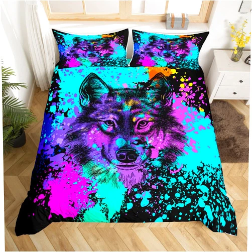 Erosebridal Wolf Bedding Set Full Size Tie Dye Duvet Cover Safari Animals Print Comforter Cover for Kids Boys Juvenile Splash Graffiti Hip Hop Bedspreads Cover with 2 Pillow Cases Colorful Teal Black