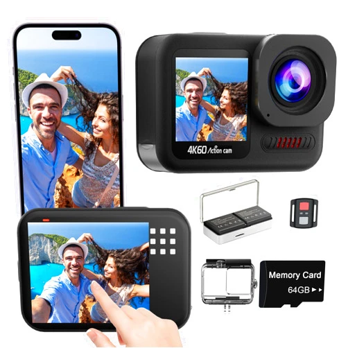 Camlance 4K60FPS Waterproof Action Camera,48MP 15M Bare Underwater Camera with 64GB Card,8X Zoom Touch Screen SportsCamera,6-axis EIS Motorcycle Camera with Remote Control Distortion Correction