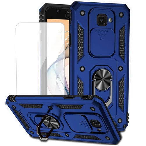 Yodueiv for Galaxy J7 2017/J7 Sky Pro/J7 Halo/J7 V/J7 Perx Case with Tempered Glass Screen Protector and Slide Camera Cover, Magnetic Ring Car Mount Holder Cover for Samsung Galaxy J7 Prime Blue