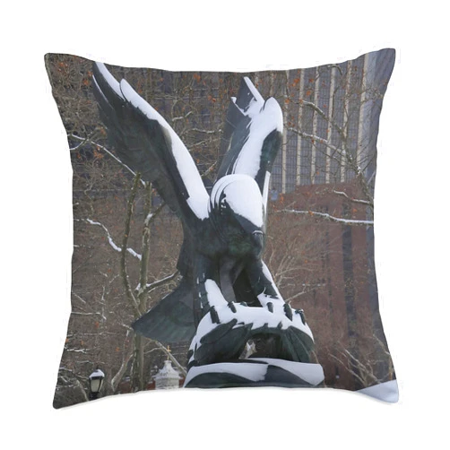 NYC travel souvenir gifts by Christine aka stine1 NYC Snowy Winter Eagle Statue in Battery Park Throw Pillow, 18x18, Multicolor