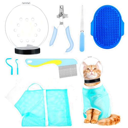 Patelai 8 Pcs Cat Muzzle Set with Adjustable Cat Bathing Bag Breathable Clear Muzzle Pet Grooming Brush Tick Remover Tool Nail Clipper Nail File for Dog, Bunny Cleaning Trimming(M Size,Blue)