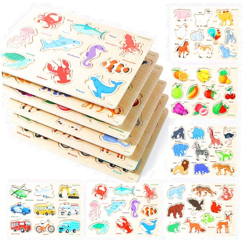 GR GRINNNIE GRINNNIE Wooden Toddler Puzzle for Age 2 3 4 Years Old, 6 PCS Toddlers Learning Puzzle Set - Animal, Fruit, Sea Creature and Vehicle, Educational Toy Birthday for 3-5 Boys Girls
