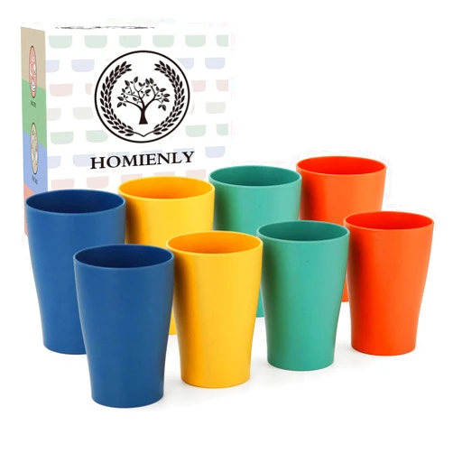 Homienly Wheat Straw Cups Plastic Cups Set of 8 Unbreakable Drinking Cup Kids Cups Reusable Dishwasher Safe Water Glasses Small Cups for Kitchen (8 OZ Kids Size)
