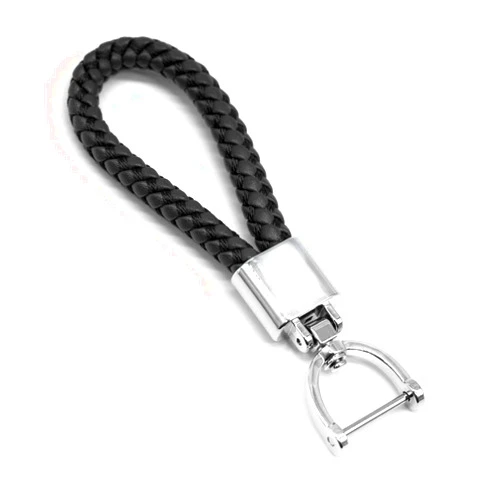 FEYOUN Universal Black Leather Car Fob Keychain Metal Keyring Woven Strap Braided Rope Key Chain for Men and Women - Silver Color, with 360 Degree Rotatable D-ring and Screwdriver