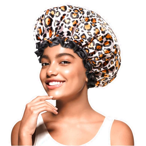 mikimini Medium Shower Cap for Girls and Women,Leopard Stylish Shower Caps with Black Lace,Reusable Waterproof Bathing Shower Hat for Girls
