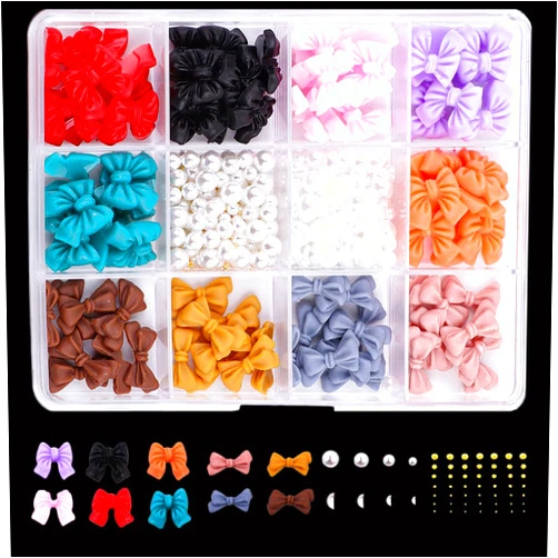 Tototoo 770PCS 3D Colorful Bow Nail Charms and Gems Flatback Pearls Nail Bows Charm Cute Nail Jewels Nail Pearls for Nail Art Jewel Stones DIY Decoration Art Rhinestones (Set 2)