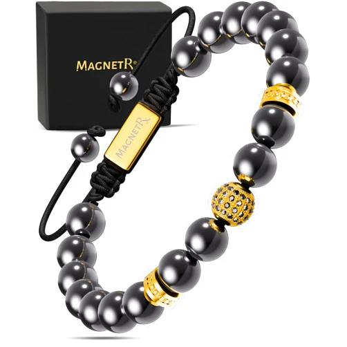 MagnetRX Magnetic Hematite Bracelet - Max Strength Magnet Stones - Magnetic Beaded Bracelets for Men and Women (Gold Zeus 8mm Bead)