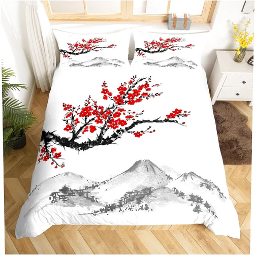 Erosebridal Japanese-Style Comforter Cover Red Cherry Blossoms Printed Bedding Set Mount Fuji Duvet Cover Ink Painting Black White Pattern Bedspread for Adult Women Teen Girls Soft Microfiber Quilt Set, King