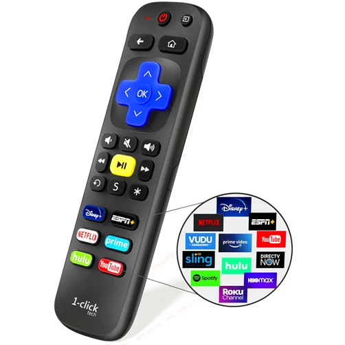 1-clicktech Remote for Roku TVs and Roku Players Express Premiere Ultra [2-in-1 w/TV Power+Volume] [NOT for ROKU Stick]