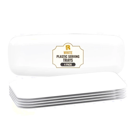 R-kay 4 Pack Plastic Serving Trays for Party - White Serving Tray 17 by 6.5 in - Heavy Duty Dessert Trays for Food - Rectangular Party Serving Trays - Premium Party Trays - White Platters