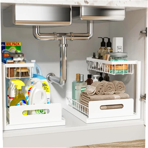 REALINN Under Sink Organizer, Pull Out Cabinet Organizer 2 Tier Slide Out Sink Shelf Cabinet Storage Shelves, Under Sink Storage for Kitchen Bathroom Cabinet, White, 2 Pack