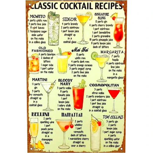 TNRYHTA Classic Cocktail Recipes Tin Signs Bar Signs For Home Bar Decor Bar Wall Decor Vintage Metal Signs Plaques Home Club Classroom-8x12in