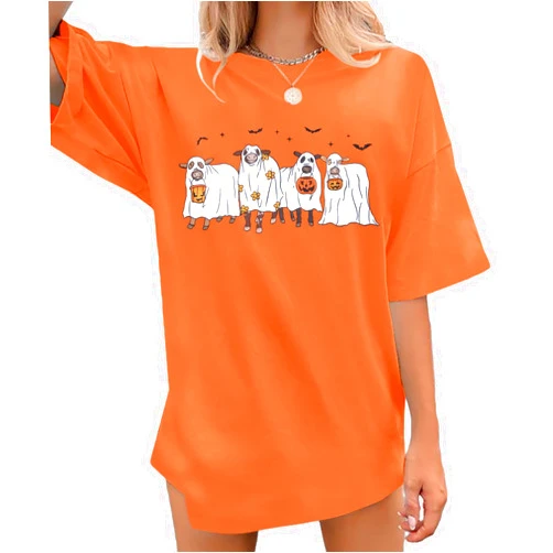 MOUSYA Ghost Halloween Shirts Women Spooky Season Shirt Funny Cow Ghost Cow Lover Oversized T-Shirt