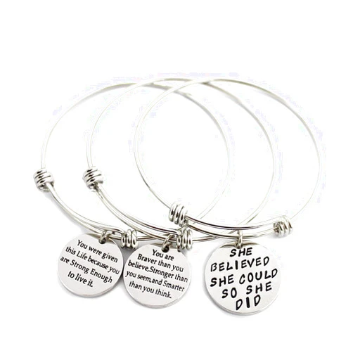 WEILYDF L.Beautiful 3 Pack Women Engraved Message Inspirational Words Round Charm Bracelets Set Expandable Silver Plated Stainless Steel Motivational Bangle Bracelet with Gift Box