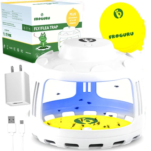 FROGURU Flea Trap with 20 Sticky Refill Discs - Easy to Use Indoor Flea Catcher Treatment with 4 LED Light Modes - Traps Insects Inside Your Home Like Fleas, Flies, Mosquitoes, Gnats, Moths, etc.