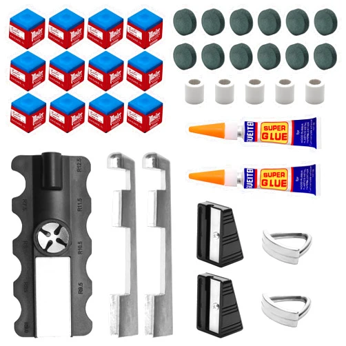 Coolrunner 38pcs Pool Cue Repair Kit 12 Billiard Cue Tips, 2 Pool Cue Tip Clamps, 5 Ferrules, 12 Chalk Cubes 2 Cue Tips Trimmers,1 5in1 Pool Cue Tips Repair Tool, Billiard Cues Replacement Accessories