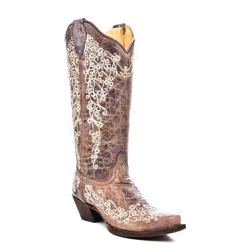 Corral Boots Women's Brown Handcrafted Cowboy Boots | Snip Toe Western Boots with Floral Embroidery Design