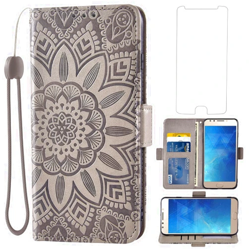 Asuwish Phone Case for Moto E4 with Tempered Glass Screen Protector and Flower Leather Wallet Flip Cover Credit Card Holder Cell Accessories Motorola MotoE4 4E 4th Generation Gen 2017 Women Men Grey