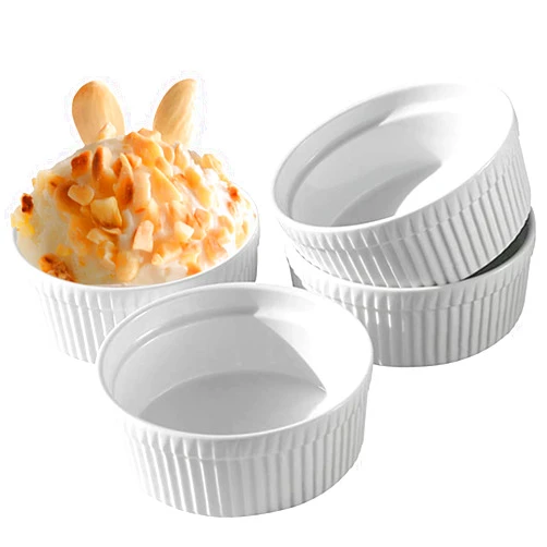 Cinf White 10 oz Set of 4 Souffle Dishes Ramekins Oven Microwave Safe Bowls Creme Brulee Set Sauce Cups for Baking Cooking Dessert Porcelain Pudding Cups