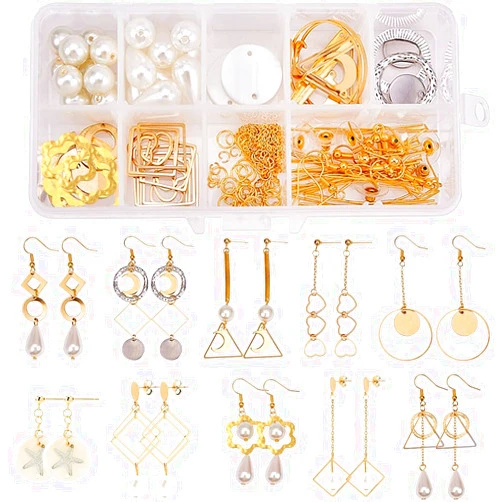 SUNNYCLUE 1 Box DIY 10 Pairs Geometric Hollow Earring Making Starter Kit Classic Round Square Heart Triangle Charm Connector, Earring Stud Hooks Jewelry Making Supplies Craft, Golden, Instruction