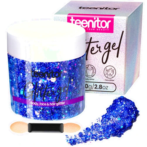 Teenitor Blue Body Glitter, Face Glitters, Body Glitter Gel, Hair Glitter Gel, 80g/2.8oz Holographic Blue Glitter Makeup for Face Body Hair