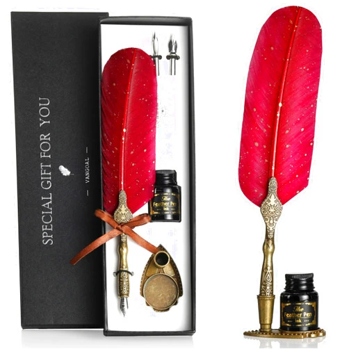 VANGOAL Vintage Carving Feather Pen Set, Glittering Quill Pen Set Antique Calligraphy Writing Dip Pen with Ink, 2 Replacement Nibs, Pen Stand Base, Luxury Vintage Signature Pen (Red)