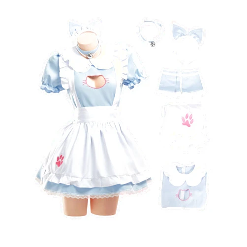 MEOWCOS.COM MEOWCOS Women's Maid Dress French Apron Maid Dress Kawaii Kitty Dress with Paw Embroidery Anime Cosplay Costume