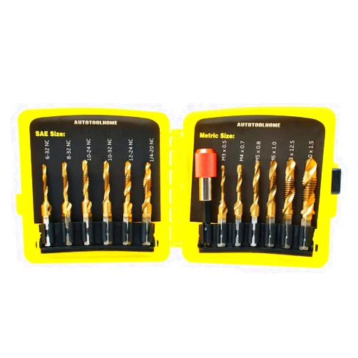 AUTOTOOLHOME Titanium Combination Drill Tap Bit Set 13PCS SAE and Metric Tap Bits Kit for Screw Thread Drilling Tapping Deburring Countersinking