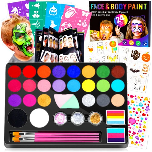 Drawdart Face Painting Kit for Kids - 24 Colors Water Based Non Toxic Face Paint Kit, Professional Face Paint for Kids with Stencils & Brushes - Parties, Birthdays, Halloween Face Body Makeup Kit