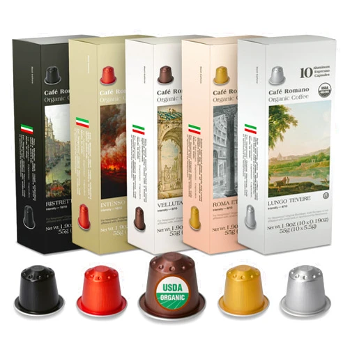 Café Romano Organic USDA Café Romano Coffee Aluminum Espresso Pods For Nespresso Original Machine 100 Pack Italian Espresso Coffee 100% Arabica (Variety pack)