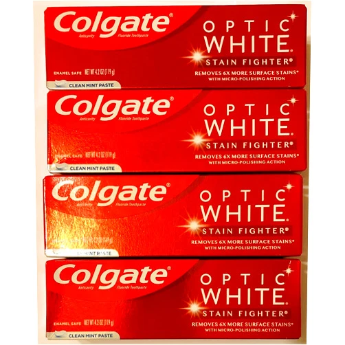 Colgate Optic White Toothpaste - Stain Fighter - Clean Mint Paste - Net Wt. 4.2 OZ (119 g) Per Tube - Pack of 4 Tubes
