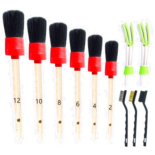 Nurkul 11Pcs Auto Detailing Set, Boar Hair Brushes, Steel Wire & A/C Brushes, Red, Soft Bristles, Wood Handles for Cleaning Interior, Exterior, Leather, 6 Sizes