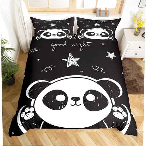 Homewish Panda Bedding Set 3pcs for Kids Boys Girls White Black Comforter Cover Cute Cartoon Pandas Stars Printed Duvet Cover Set Animal Bedspread Cover with 2 Pillow Cases(No Comforter) Queen Size