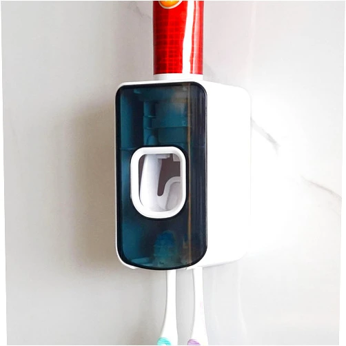 LUEXBOX 2 Slot Toothbrush Holder and Toothpaste Dispenser Wall Mounted, Automatic Toothpaste Squeezer, 2 in 1 Tooth Brush Toothpaste Organizer for Shower (Blue)