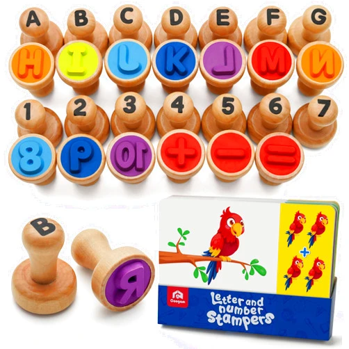 Coogam Wooden Alphabet Number Stamp Flashcard, ABC Spelling Letter Stampers and Mathematics Learning Number Stampers Arts and Crafts Supplies, Montessori Educational Toy Gifts for 3 4 5 Year Old