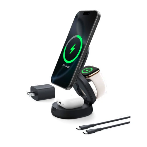 Belkin MagSafe Charger Compatible, 3-in-1 Qi2 15W Wireless Charging Station, Convertible Wireless Charger for iPhone 17, Apple Watch, AirPods, Pixel 10, Phone Stand for Travel w/ 36W Adapter - Black